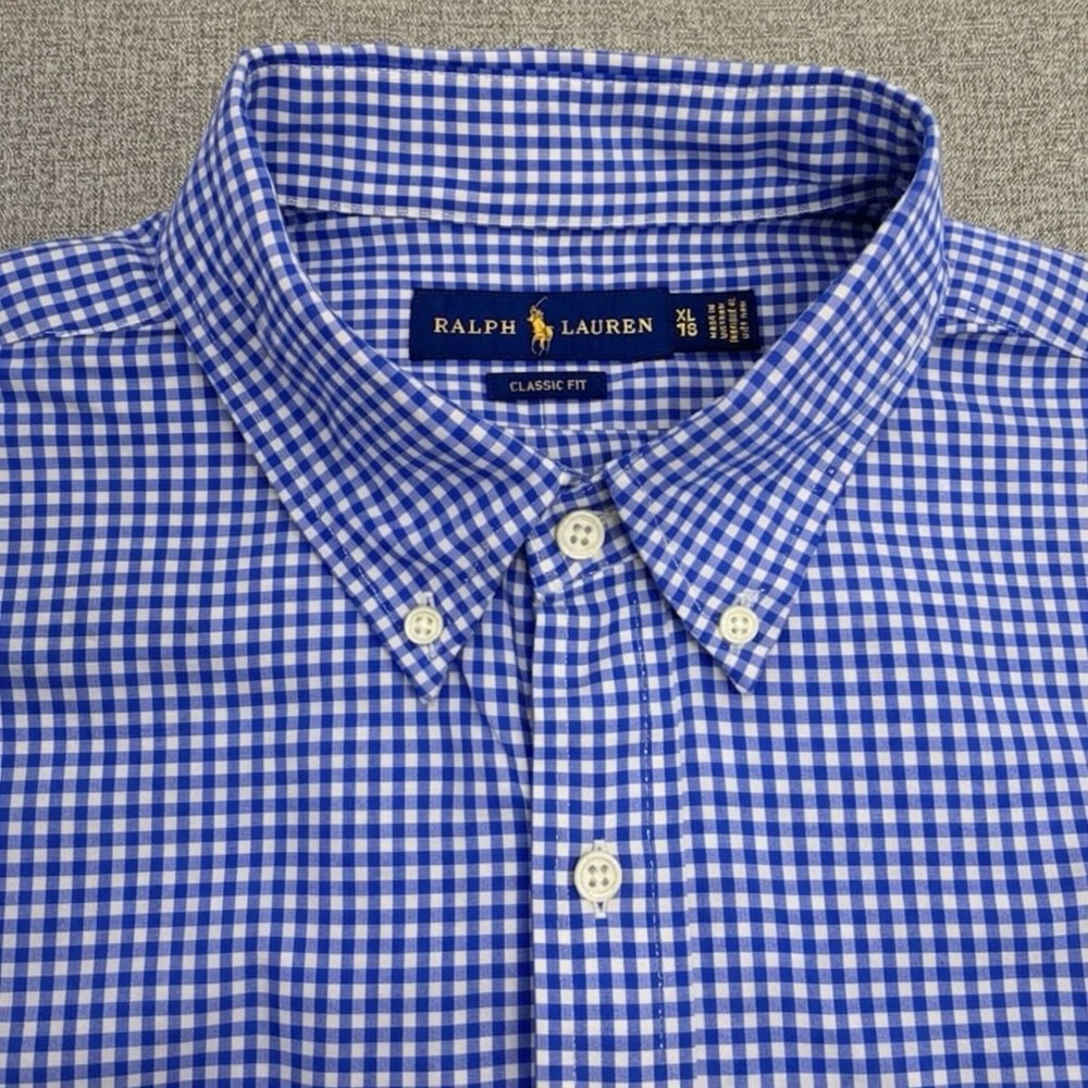 Polo Ralph Lauren Classic Fit XL 18 Blue Gingham Button Down Shirt Yellow Pony
